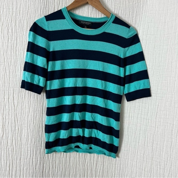 Banana Republic Navy Mint Striped Silk Cashmere Crew Sweater size S short sleeve - Picture 1 of 4
